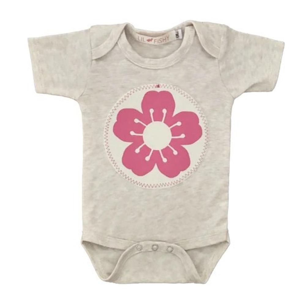 Lil Fishy Baby Girls Pink Flower Graphic Bodysuit Cream 12 Months NWT‎